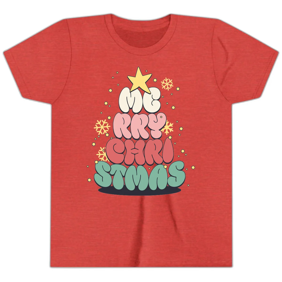 Retro Bubble Letter Christmas Tree Youth T-Shirt in Heather Red