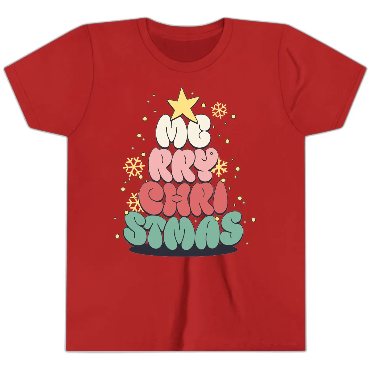 Retro Bubble Letter Christmas Tree Youth T-Shirt in Red