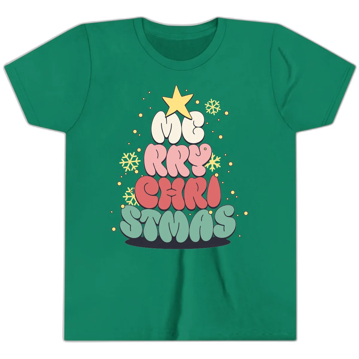 Retro Bubble Letter Christmas Tree Youth T-Shirt in Kelly