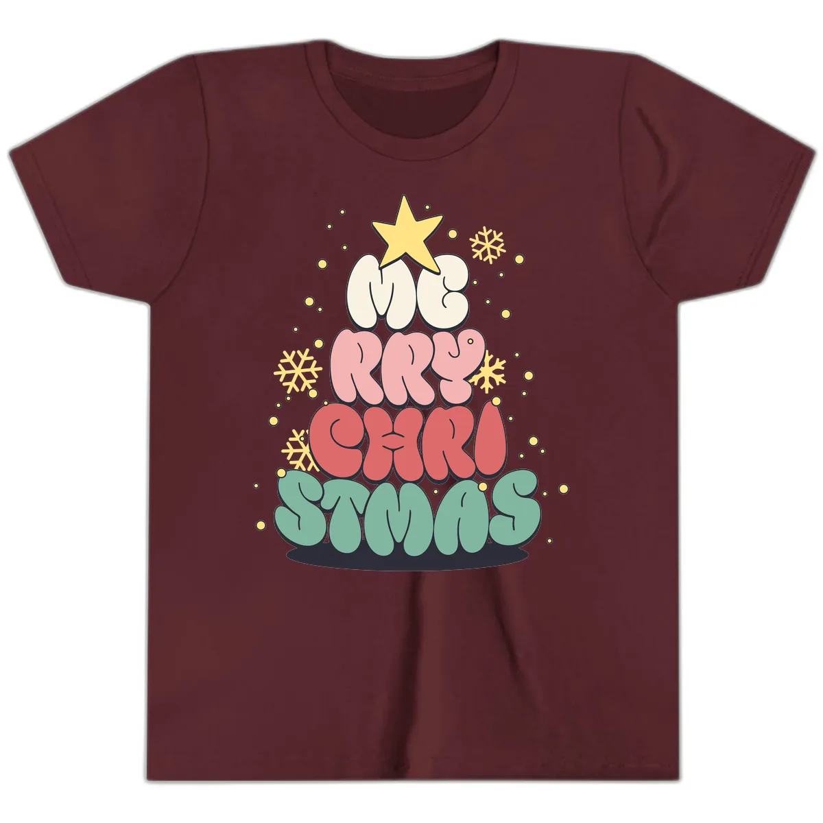 Retro Bubble Letter Christmas Tree Youth T-Shirt in Maroon