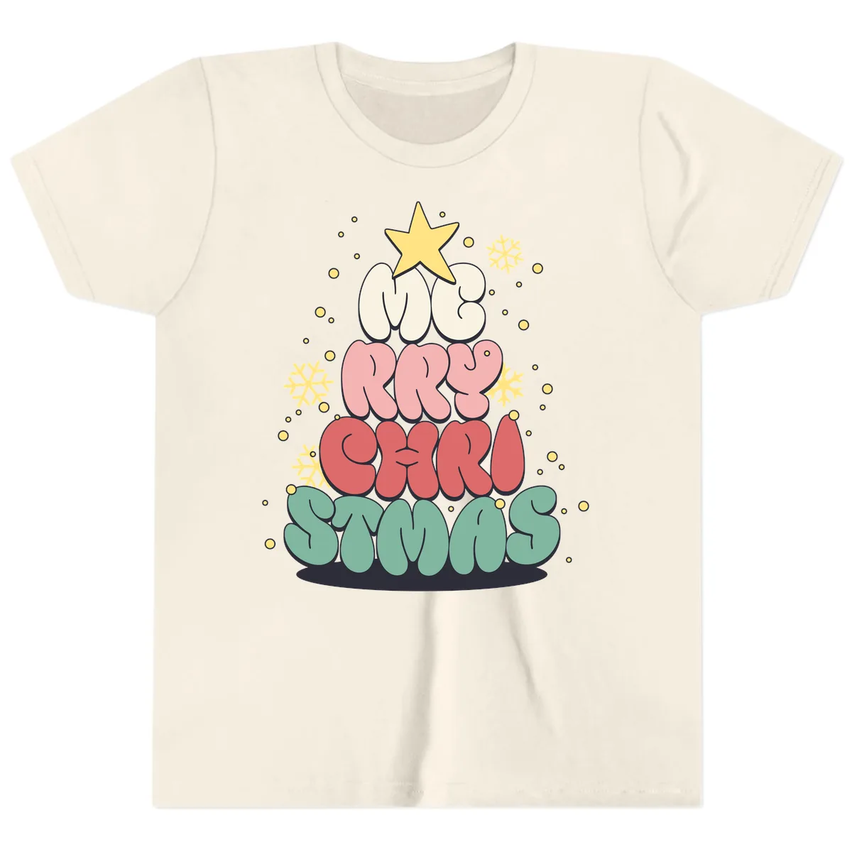 Retro Bubble Letter Christmas Tree Youth T-Shirt in Natural