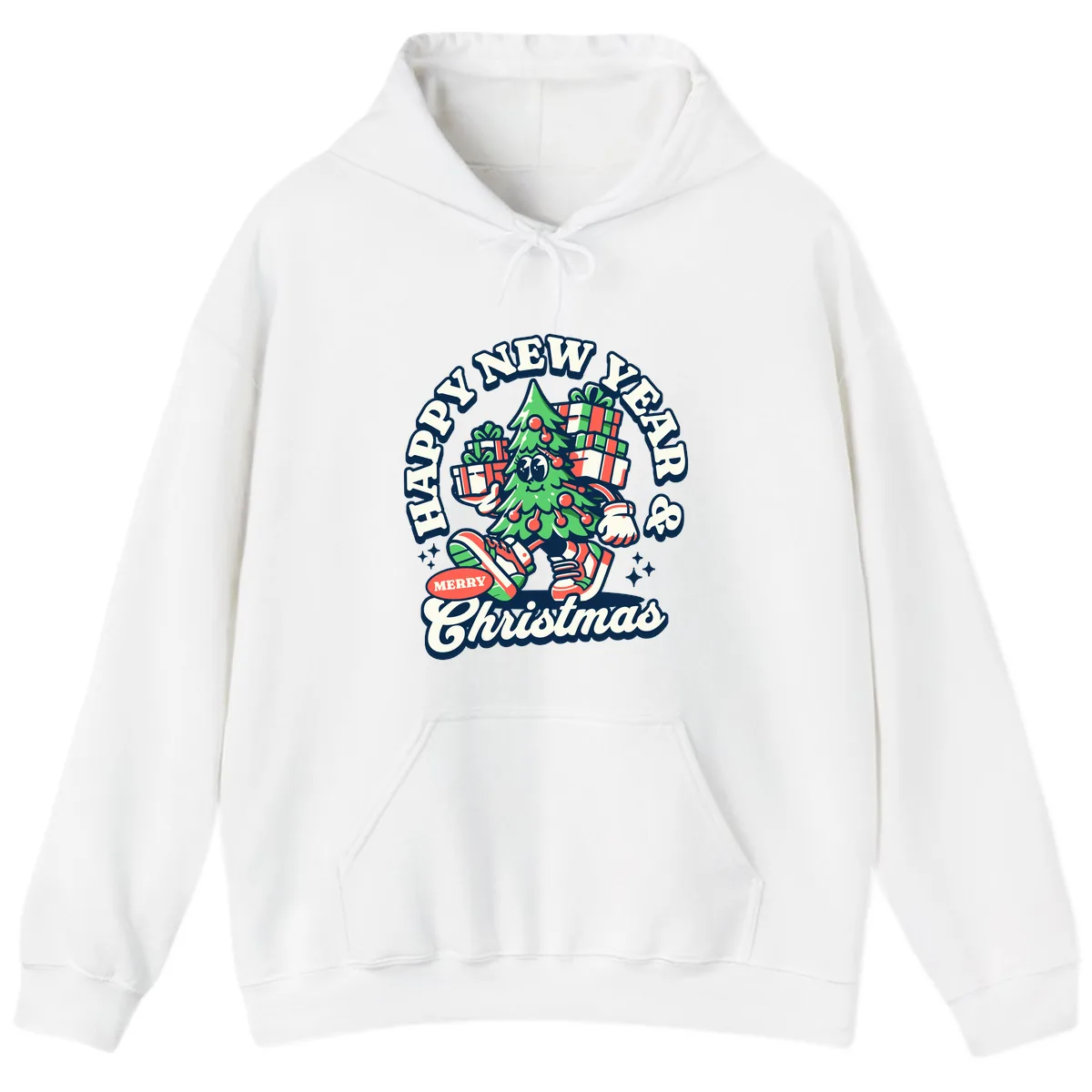 Happy New Year & Merry Christmas Tree Hoodie in White