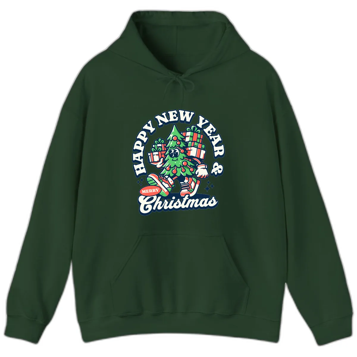 Happy New Year & Merry Christmas Tree Hoodie in Forest Green