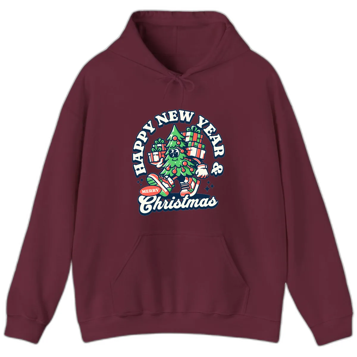 Happy New Year & Merry Christmas Tree Hoodie in Maroon
