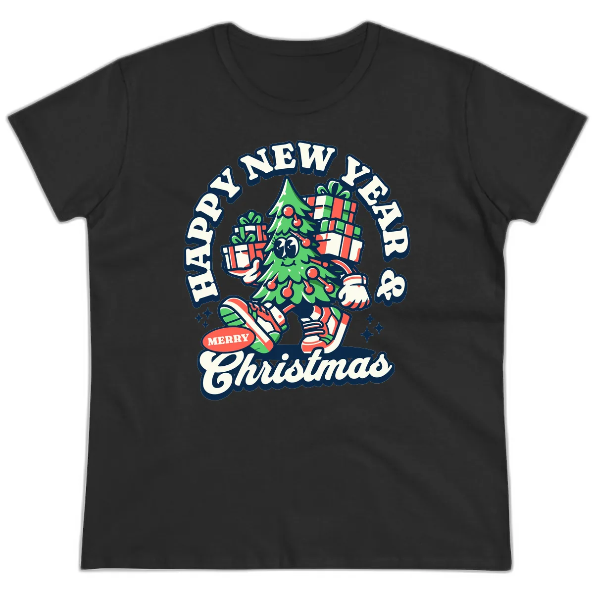 Happy New Year & Merry Christmas Tree Ladies Tee in Black