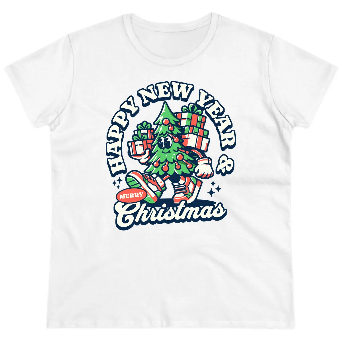 Happy New Year & Merry Christmas Tree Ladies Tee in White