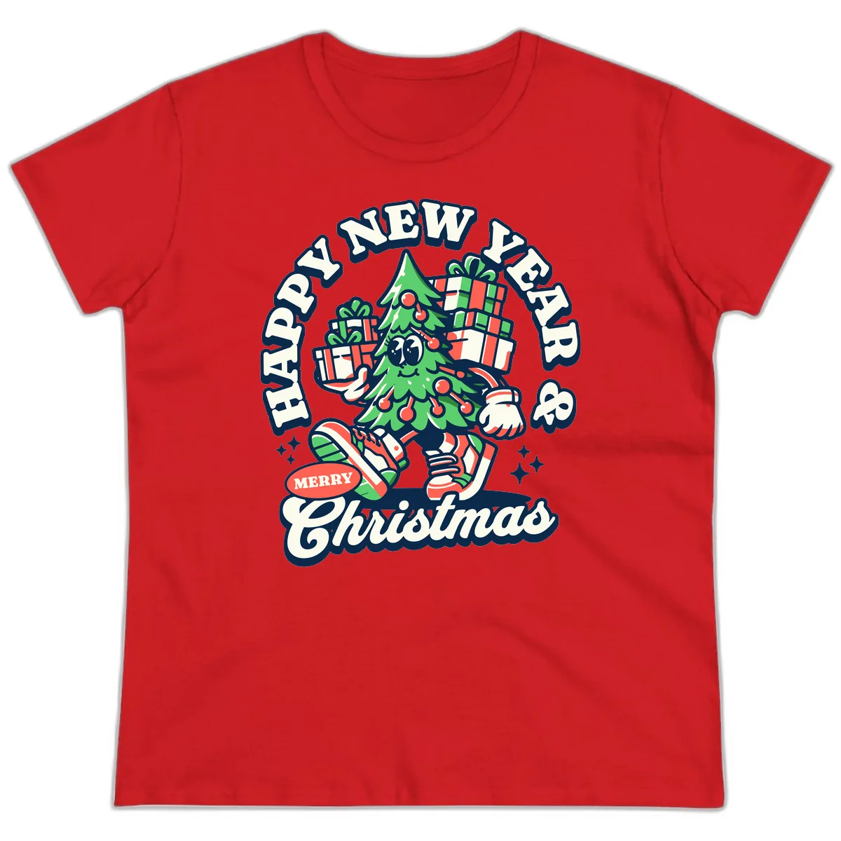 Happy New Year & Merry Christmas Tree Ladies Tee in Red