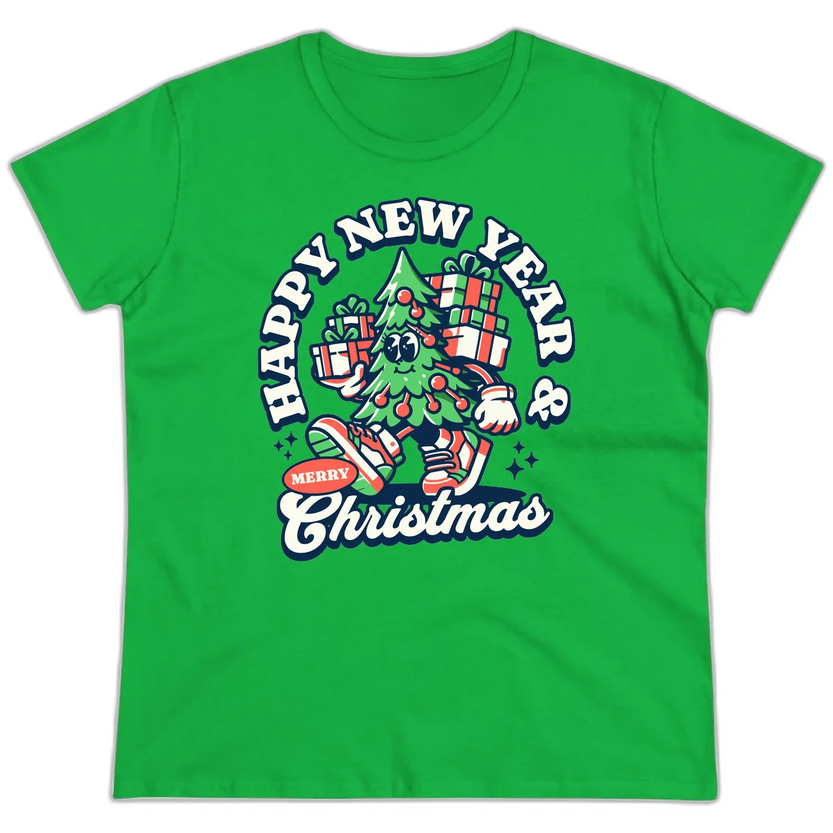 Happy New Year & Merry Christmas Tree Ladies Tee in Irish Green
