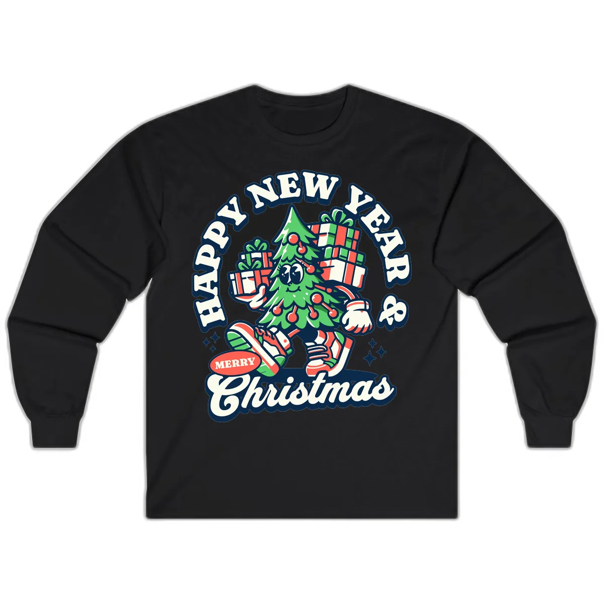 Happy New Year & Merry Christmas Tree Long Sleeve in Black