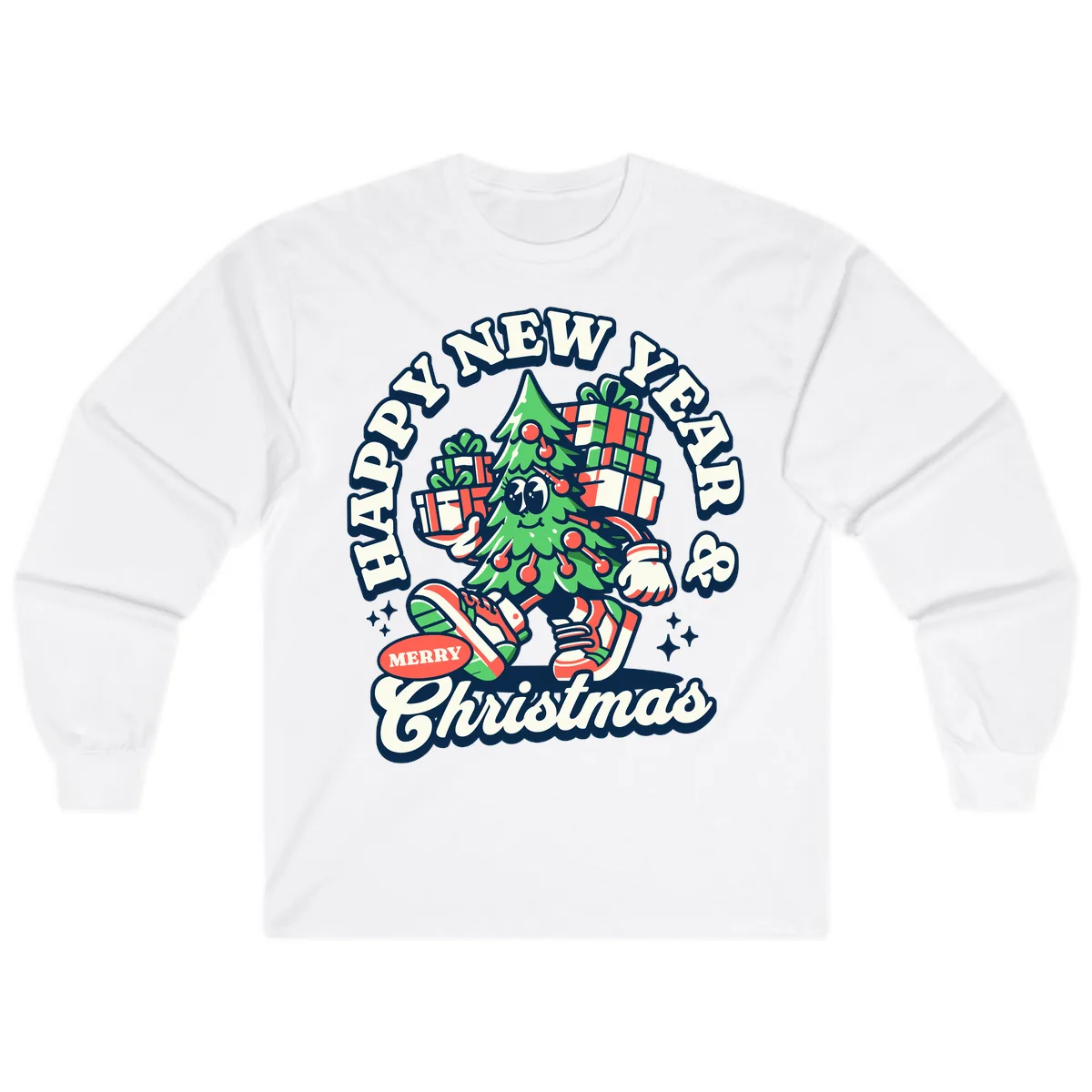Happy New Year & Merry Christmas Tree Long Sleeve in White