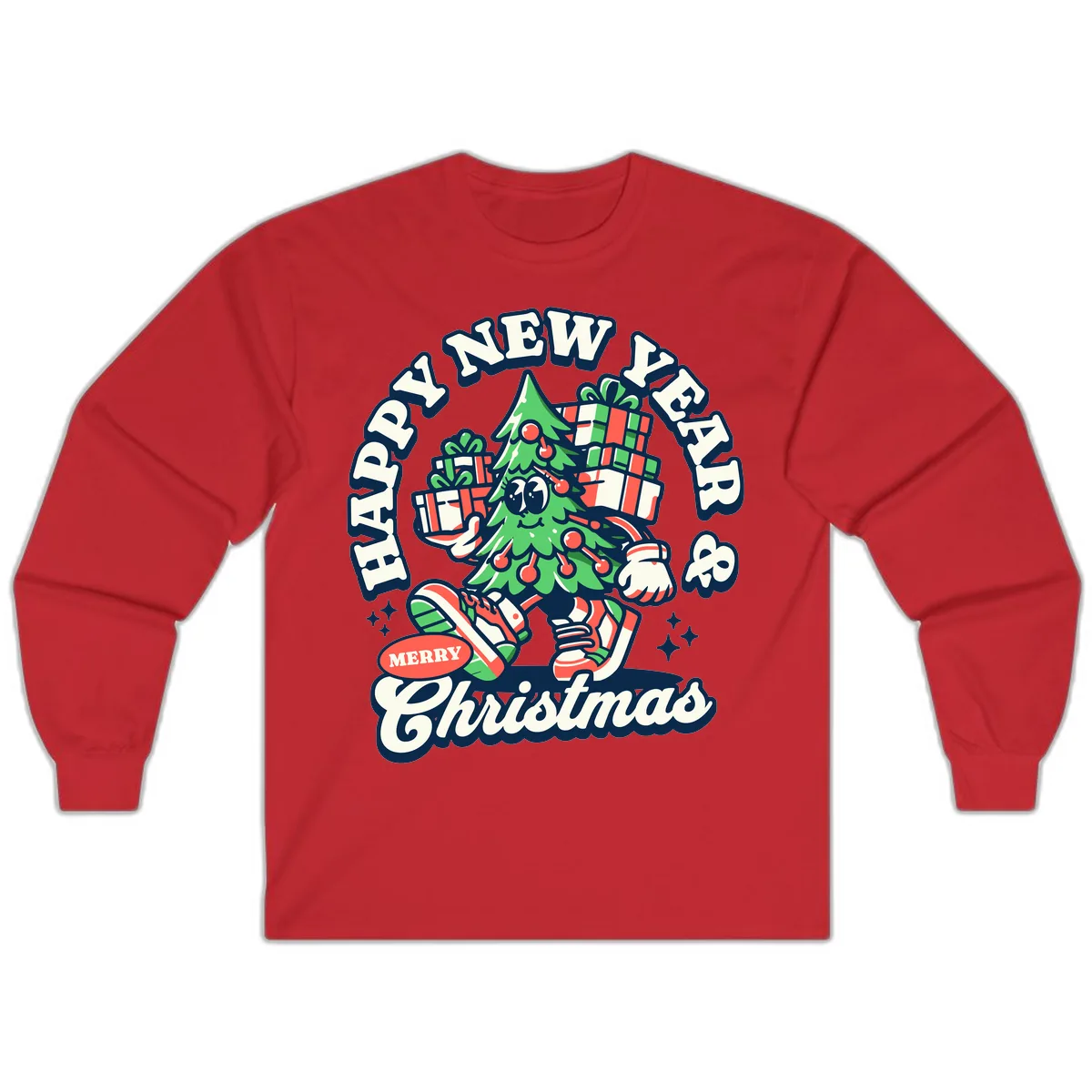 Happy New Year & Merry Christmas Tree Long Sleeve in Red