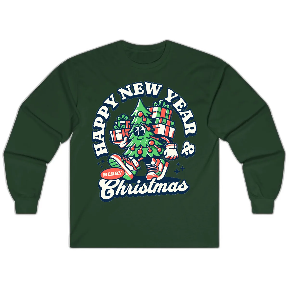 Happy New Year & Merry Christmas Tree Long Sleeve in Forest Green
