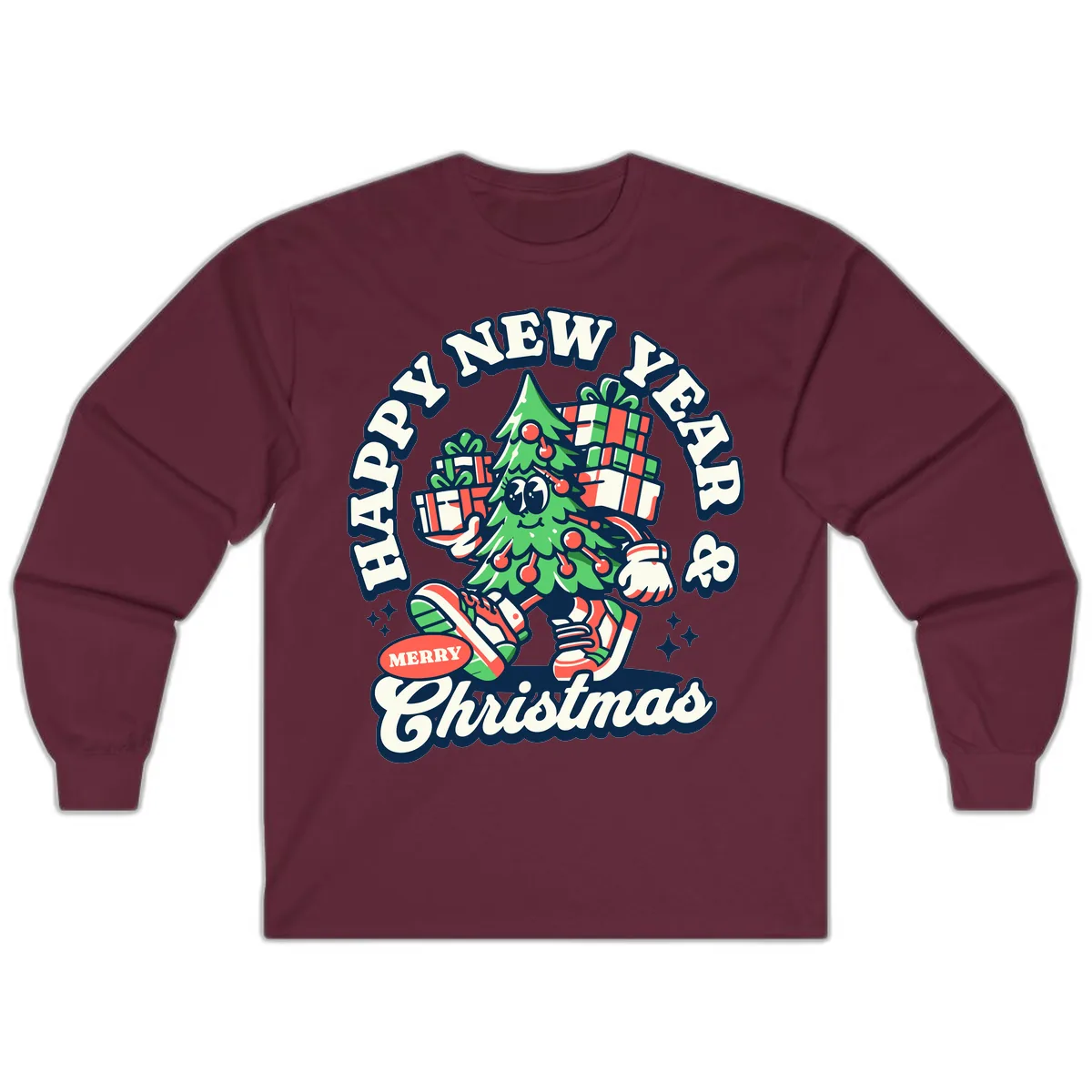 Happy New Year & Merry Christmas Tree Long Sleeve in Maroon