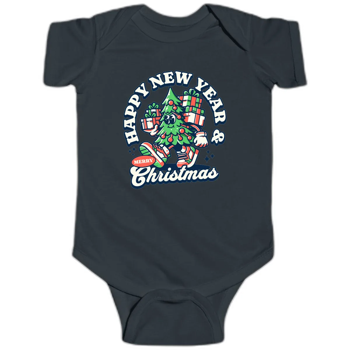 Happy New Year & Merry Christmas Tree Baby Onesie in Black