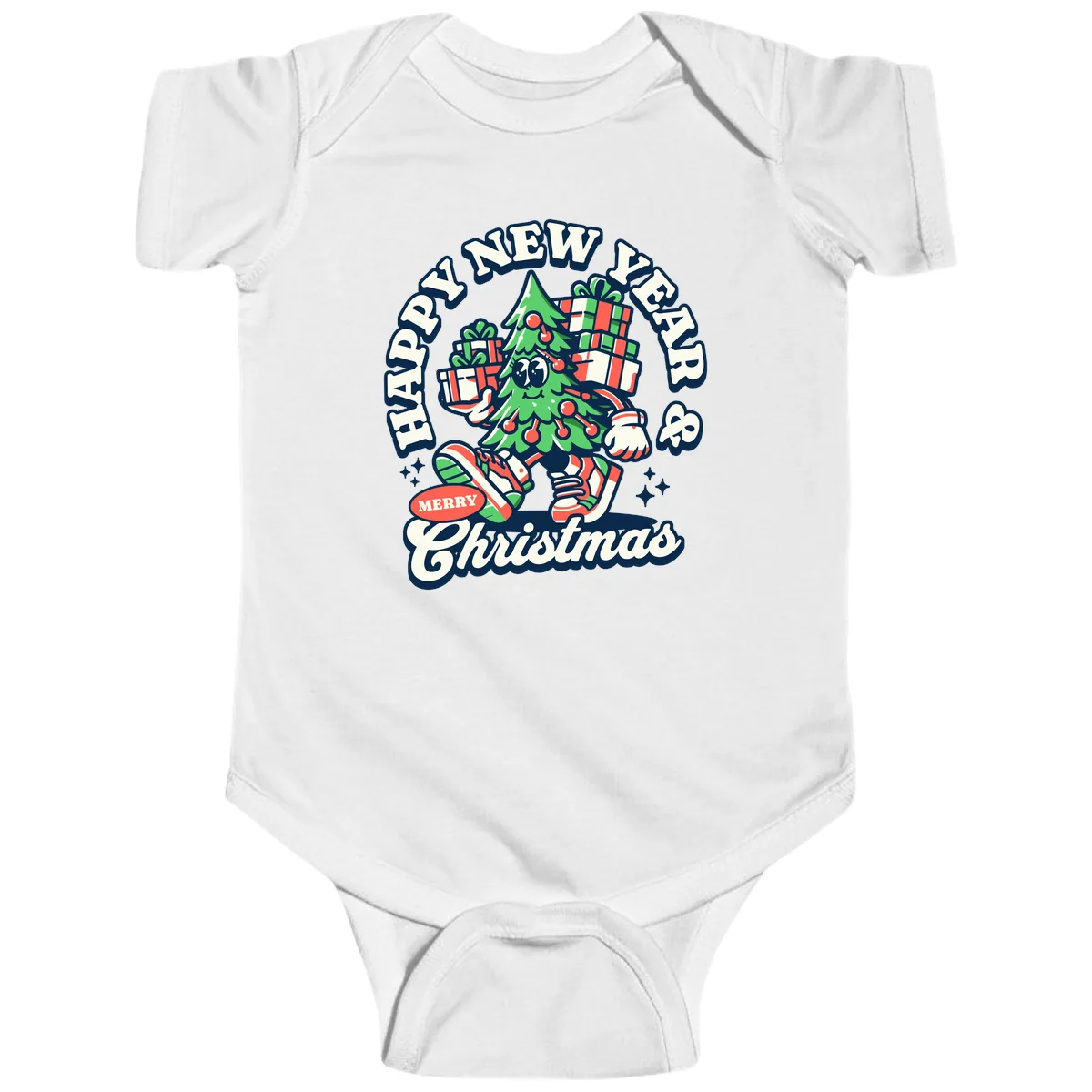 Happy New Year & Merry Christmas Tree Baby Onesie in White