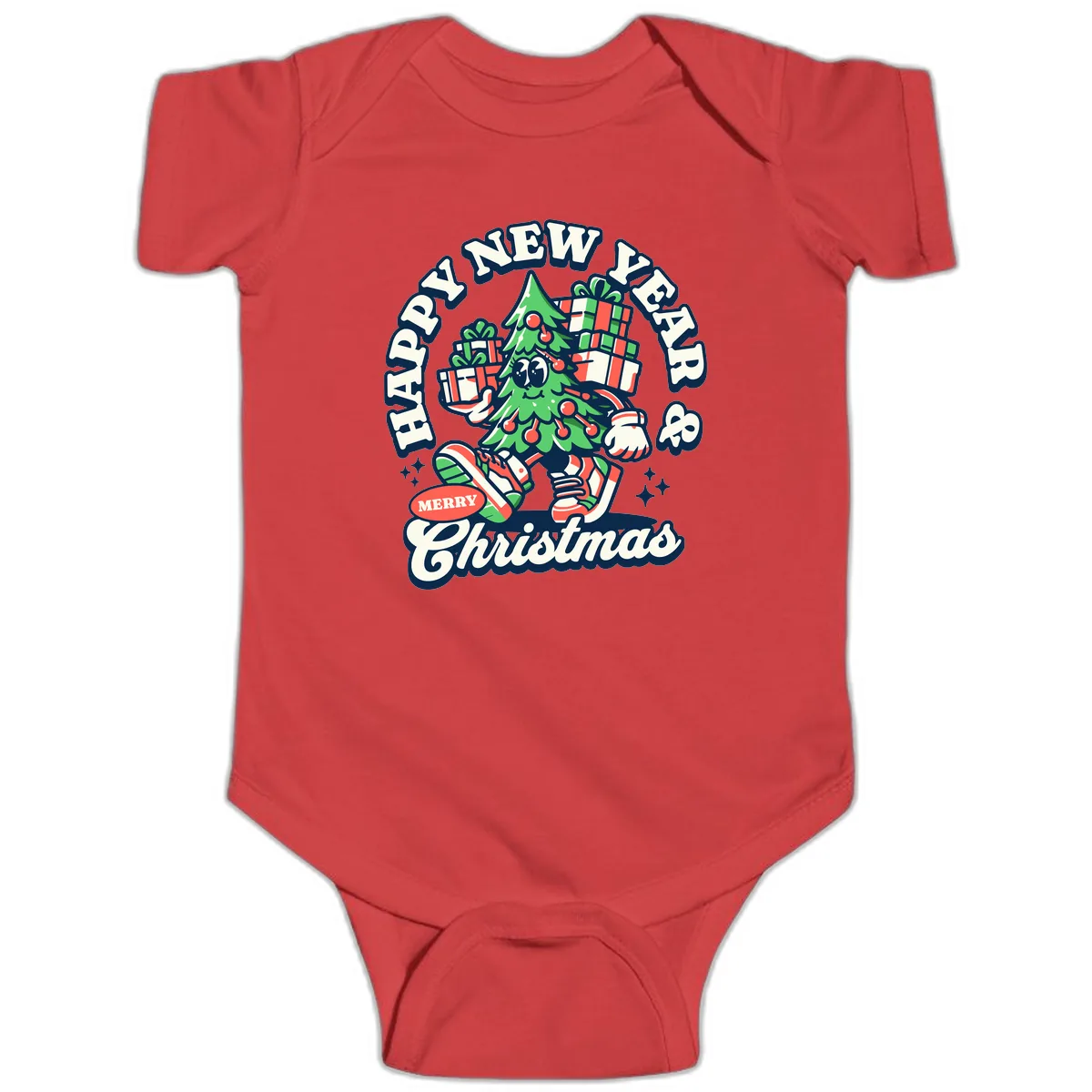 Happy New Year & Merry Christmas Tree Baby Onesie in Red
