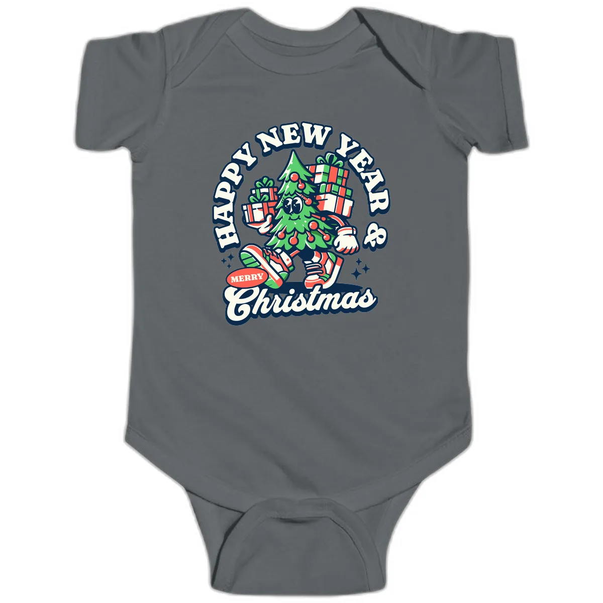 Happy New Year & Merry Christmas Tree Baby Onesie in Charcoal