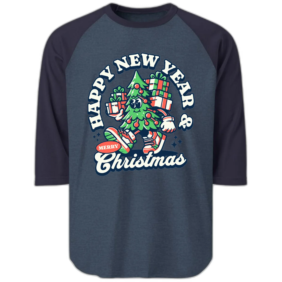 Happy New Year & Merry Christmas Tree Raglan 3/4 in Heather Denim Navy