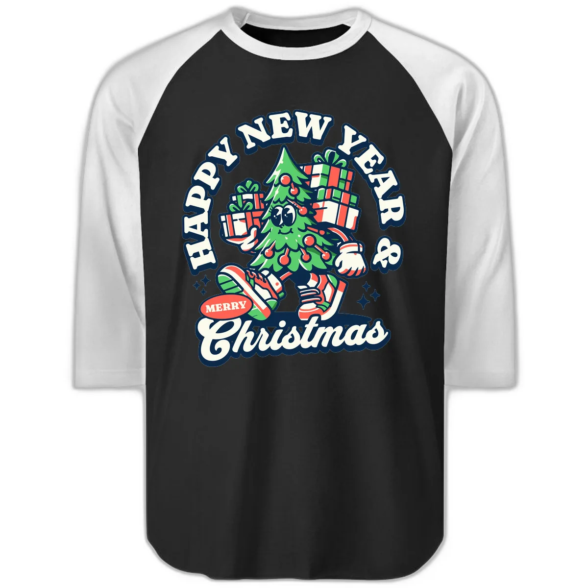 Happy New Year & Merry Christmas Tree Raglan 3/4 in Black White