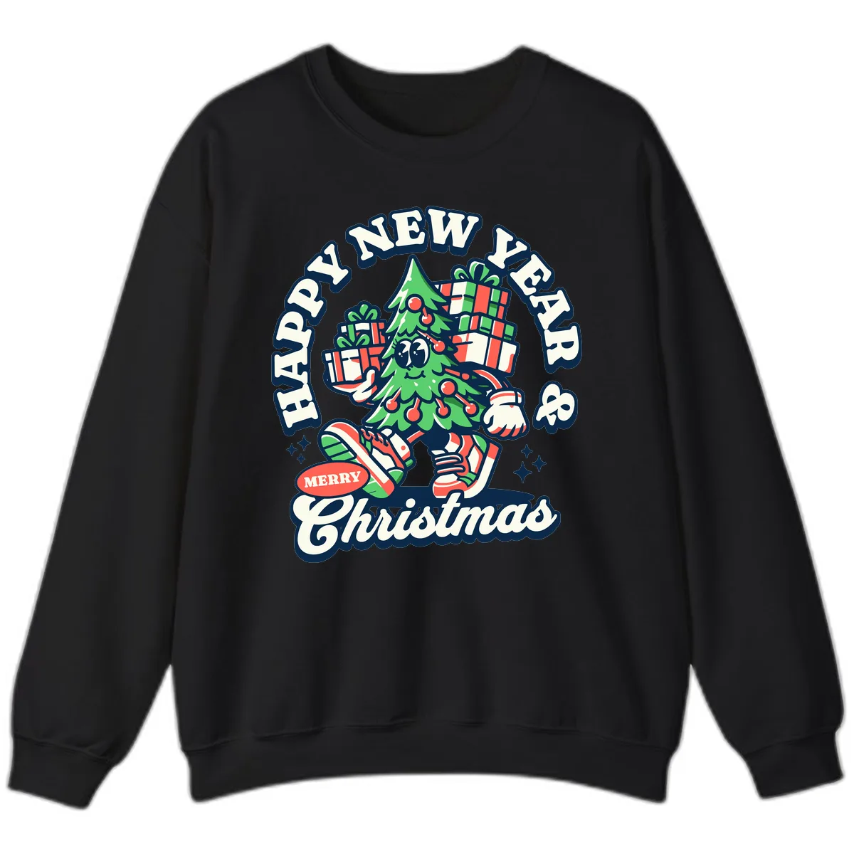 Happy New Year & Merry Christmas Tree Sweatshirt in Black