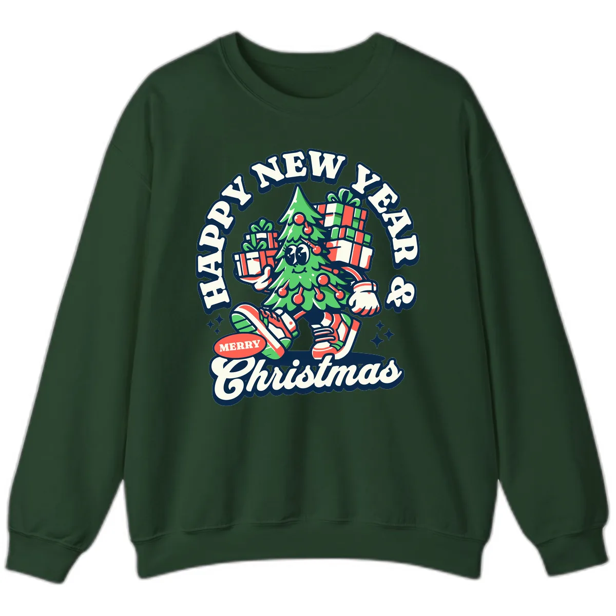 Happy New Year & Merry Christmas Tree Sweatshirt in Forest Green