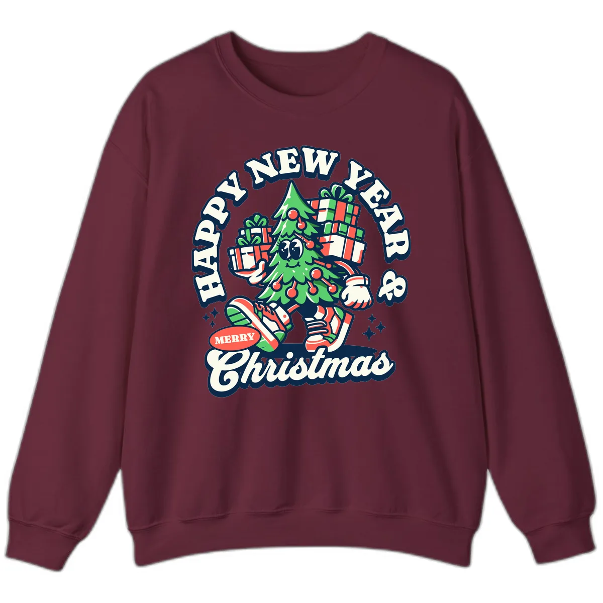 Happy New Year & Merry Christmas Tree Sweatshirt in Maroon