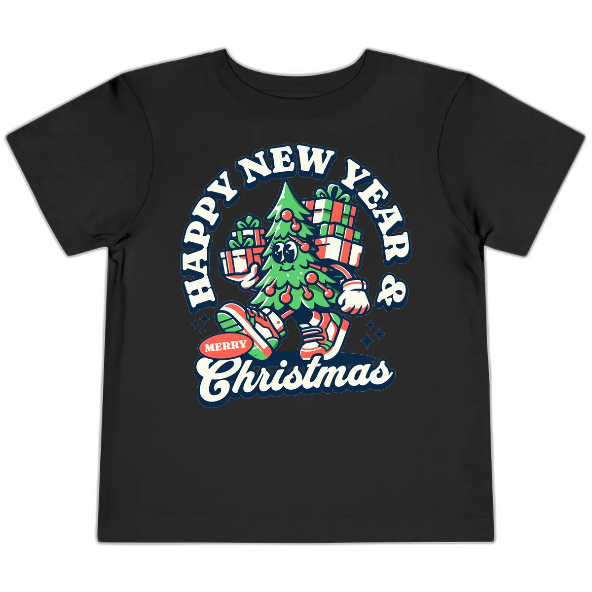 Happy New Year & Merry Christmas Tree Toddler T-Shirt in Black