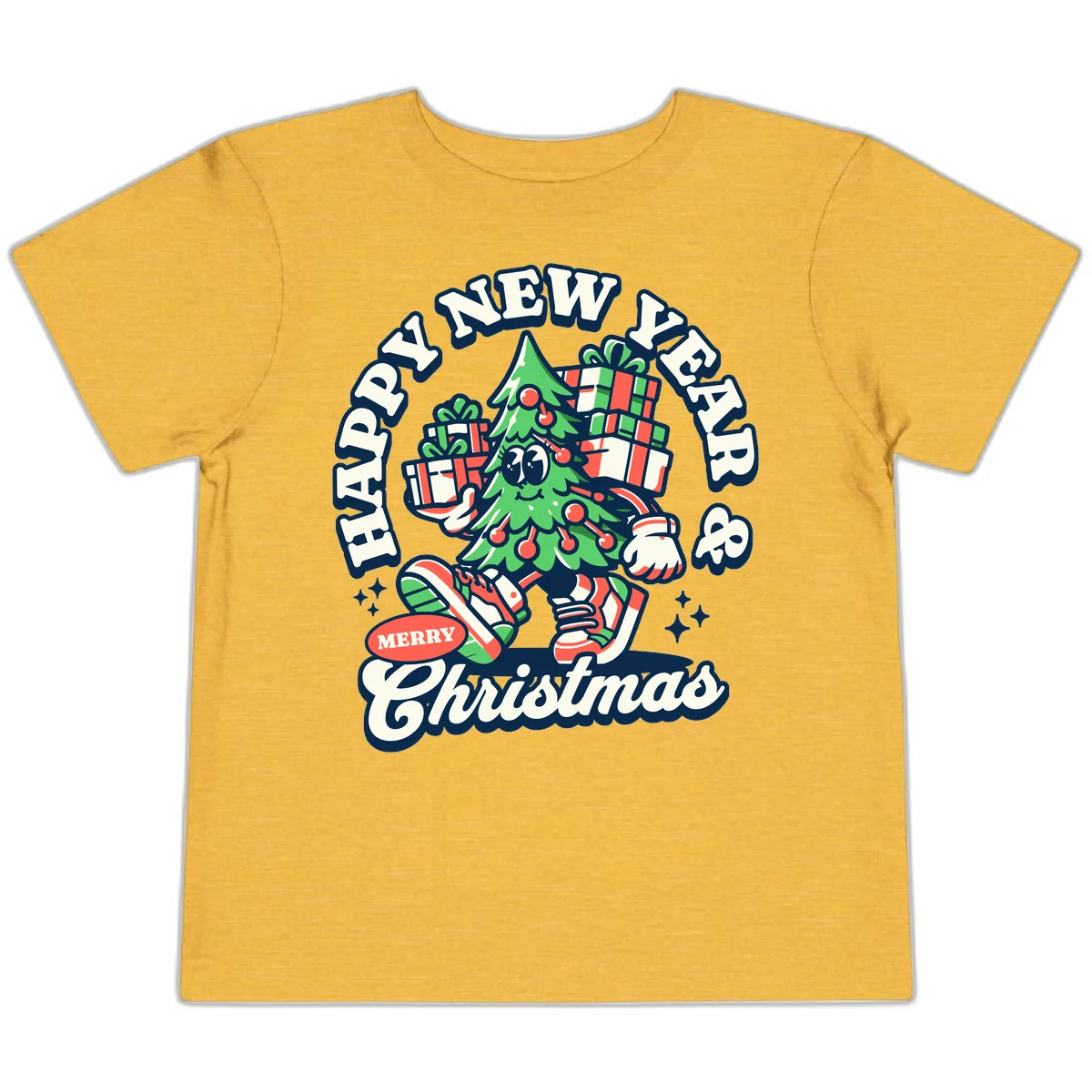 Happy New Year & Merry Christmas Tree Toddler T-Shirt in Heather Yellow Gold