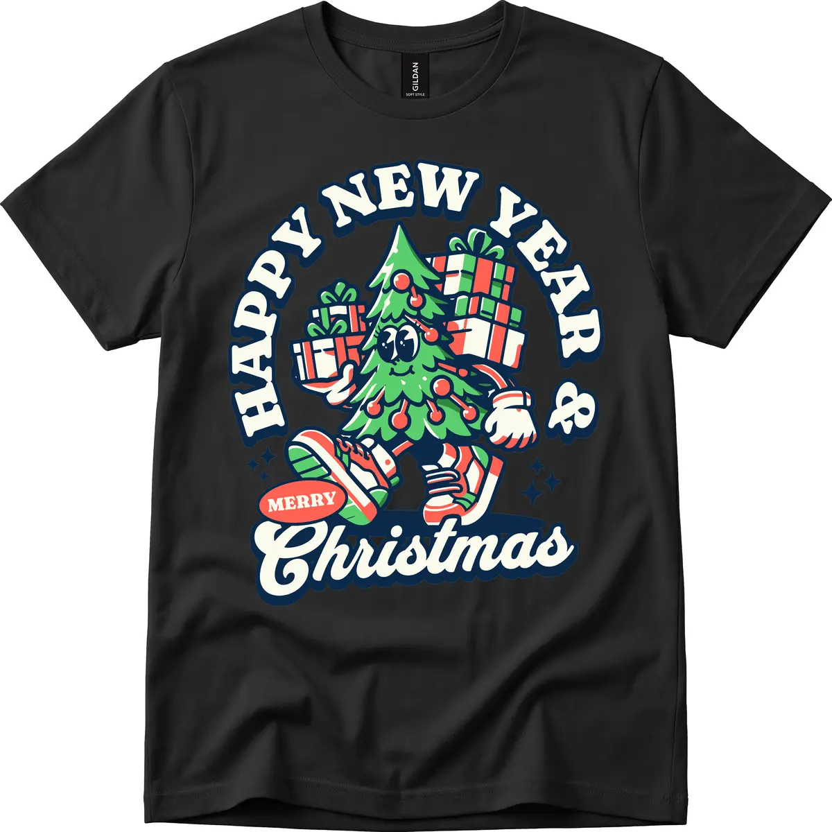 Happy New Year & Merry Christmas Tree T-Shirt in Black