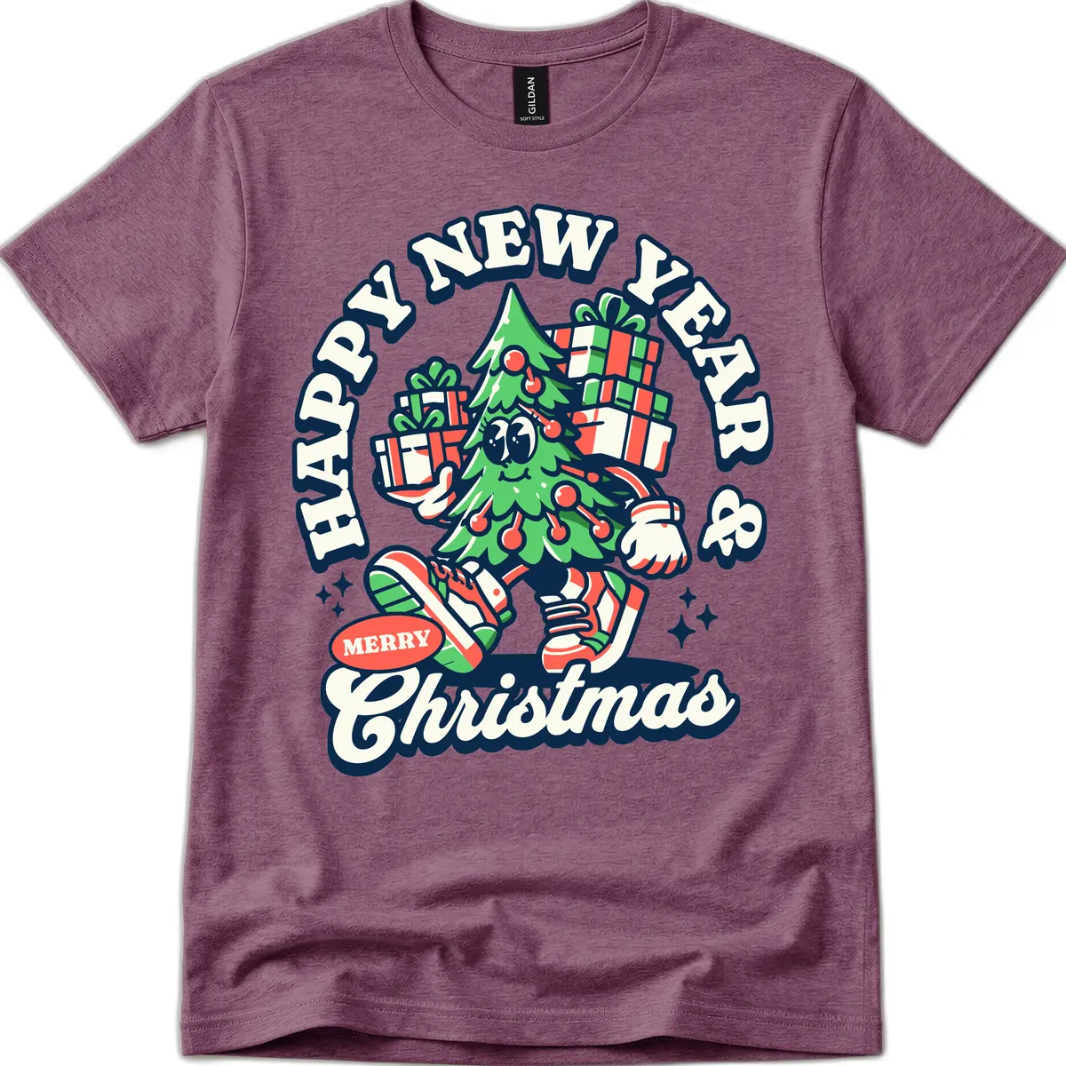 Happy New Year & Merry Christmas Tree T-Shirt in Heather Maroon