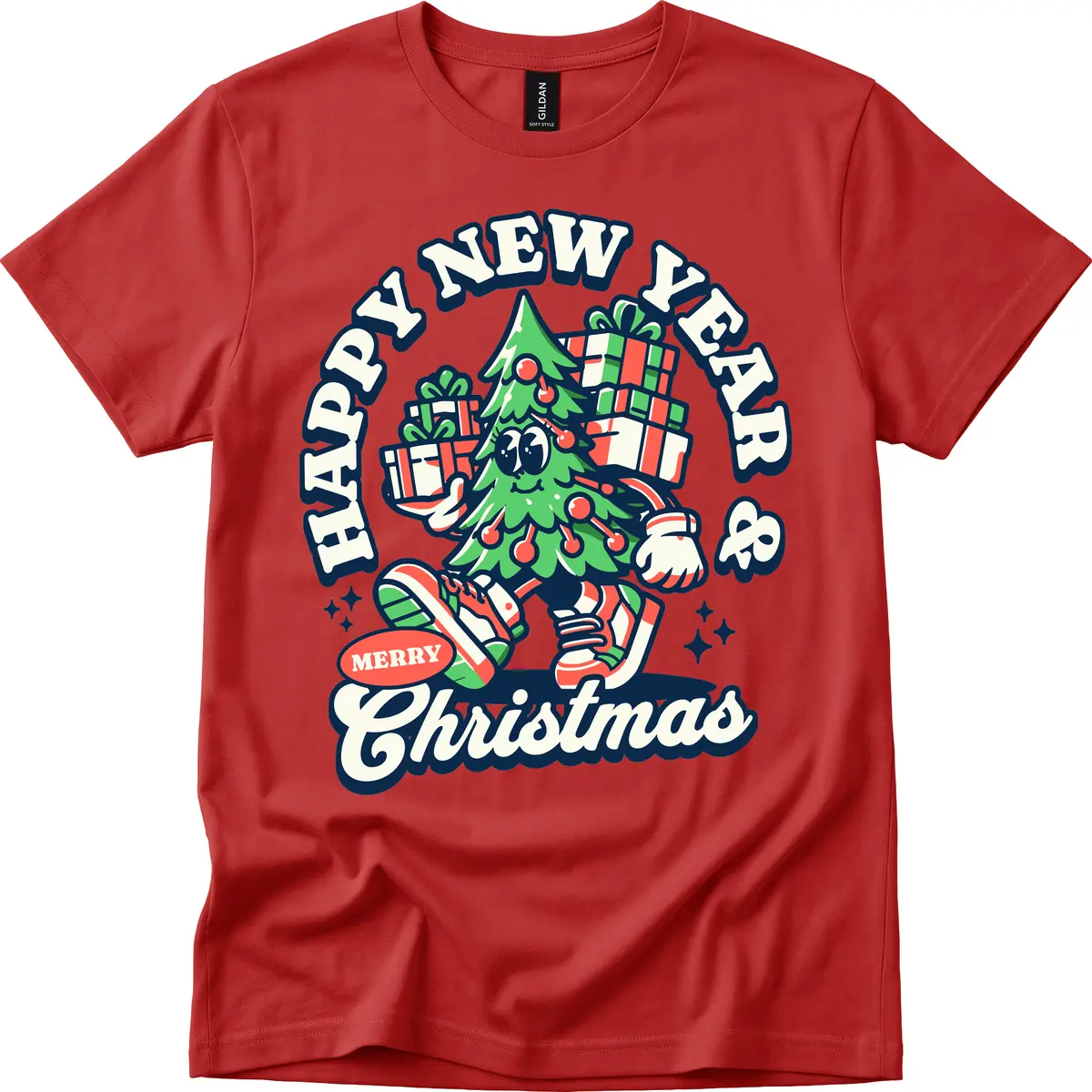 Happy New Year & Merry Christmas Tree T-Shirt in Red