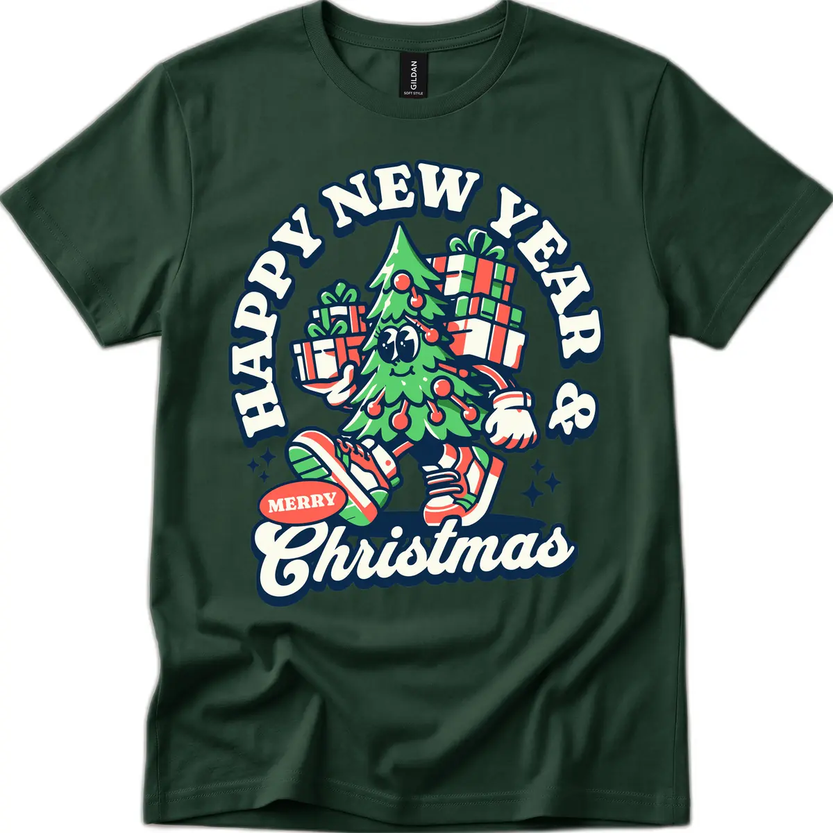 Happy New Year & Merry Christmas Tree T-Shirt in Forest Green