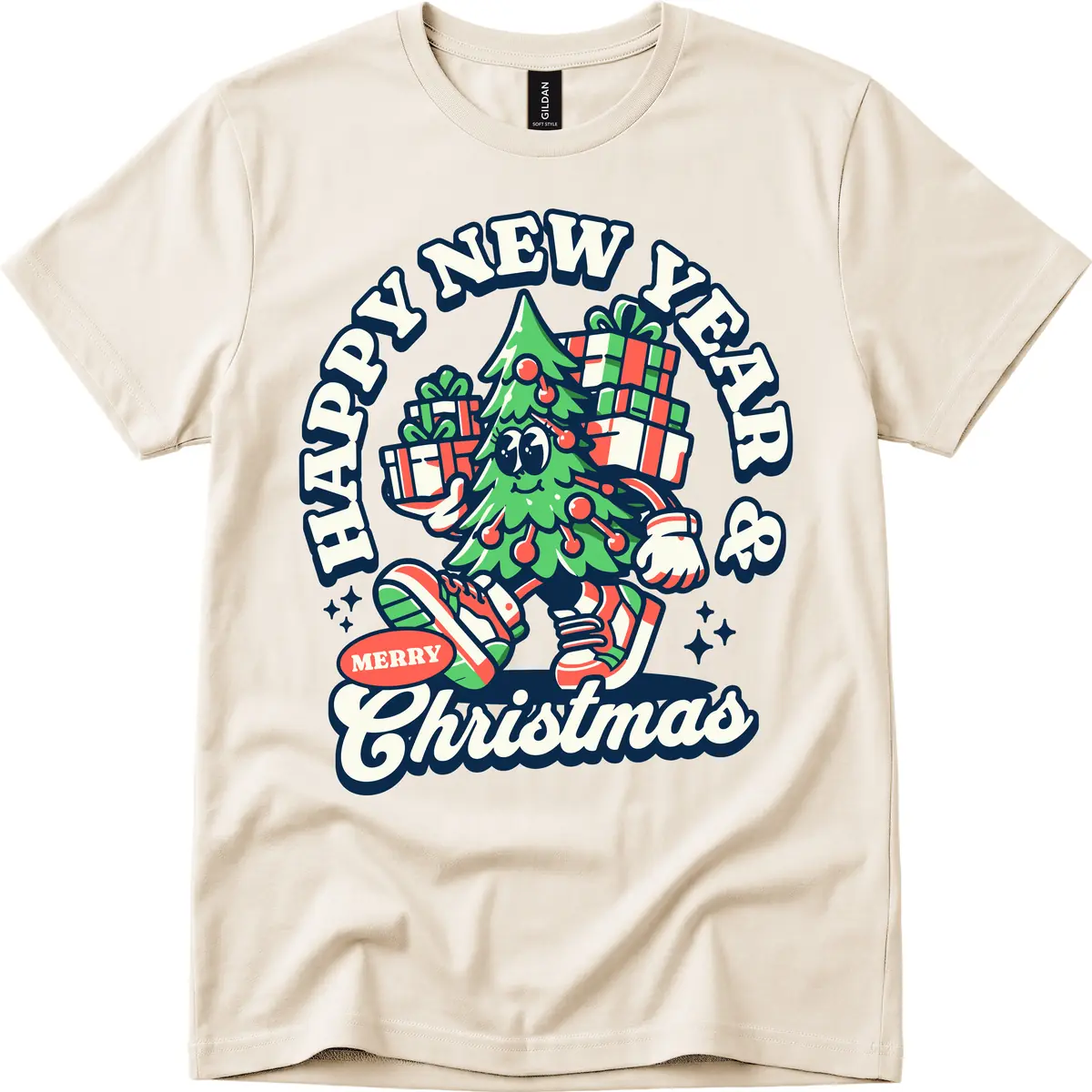 Happy New Year & Merry Christmas Tree T-Shirt in Natural