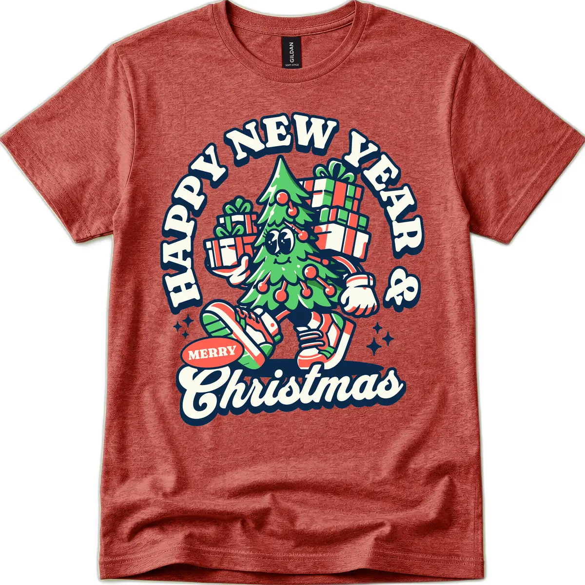 Happy New Year & Merry Christmas Tree T-Shirt in Heather Cardinal