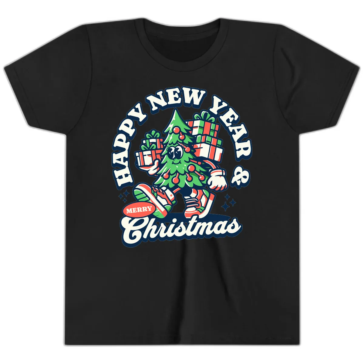 Happy New Year & Merry Christmas Tree Youth T-Shirt in Black