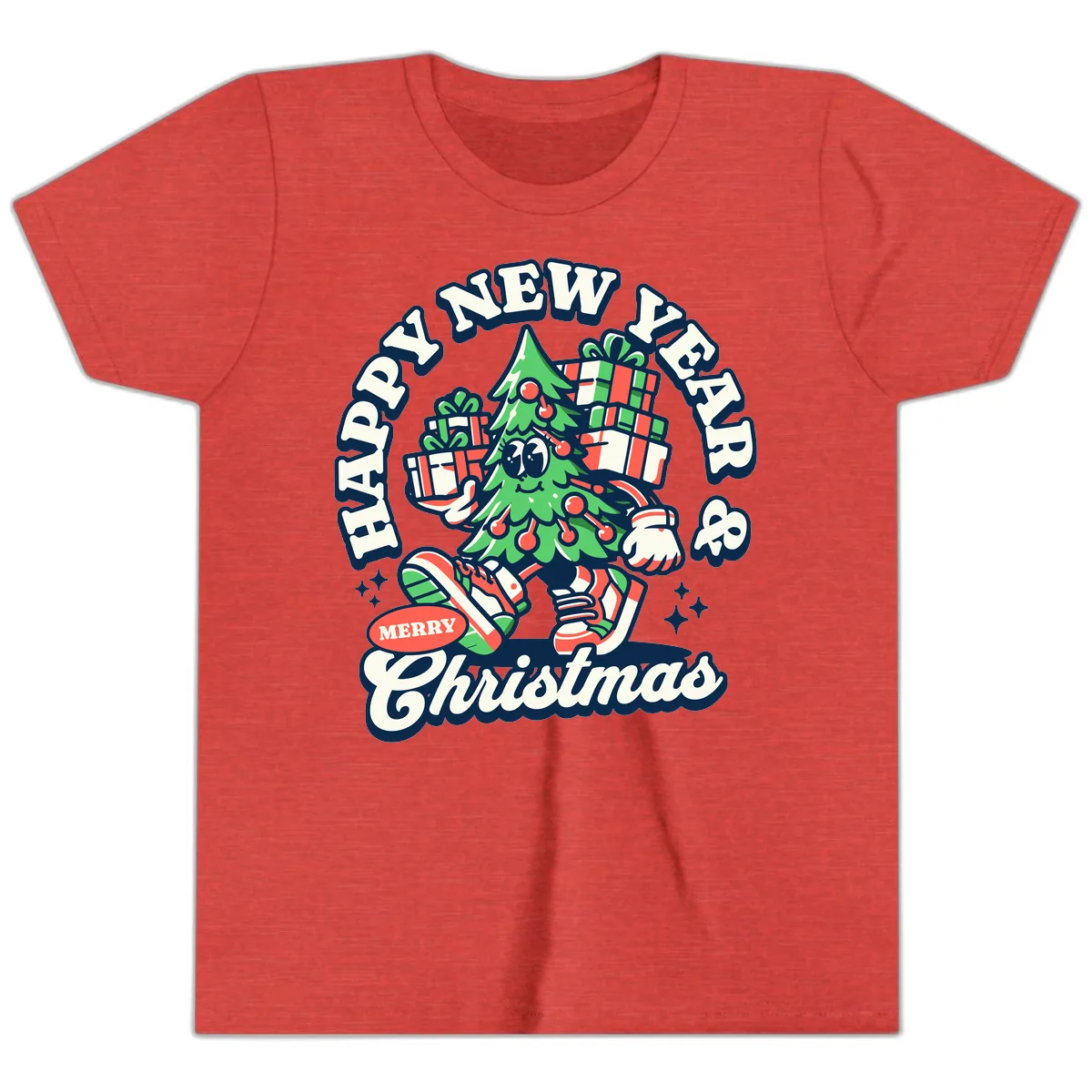 Happy New Year & Merry Christmas Tree Youth T-Shirt in Heather Red
