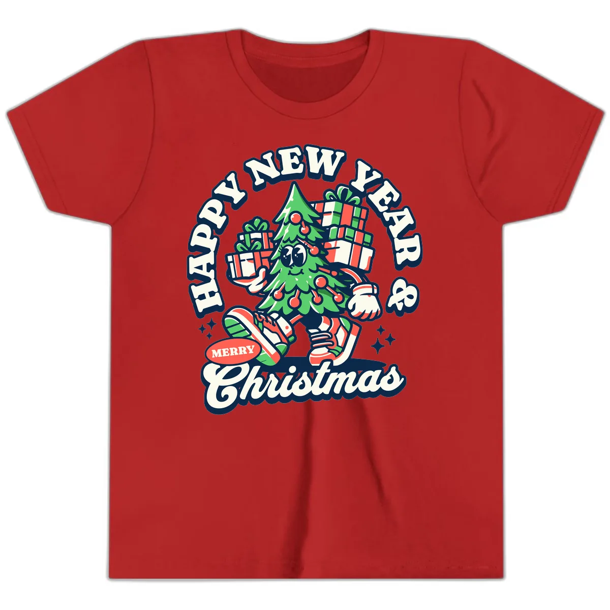 Happy New Year & Merry Christmas Tree Youth T-Shirt in Red