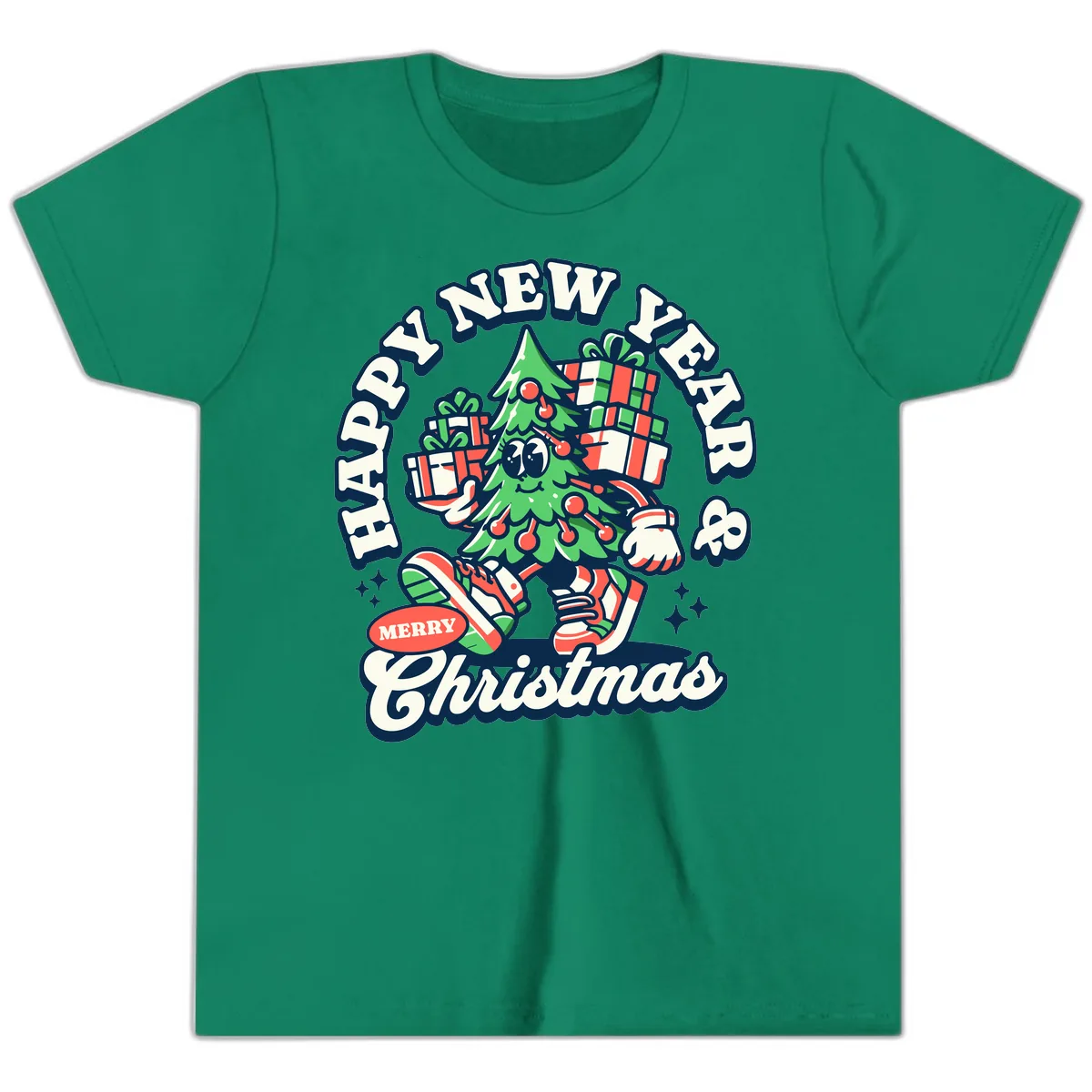 Happy New Year & Merry Christmas Tree Youth T-Shirt in Kelly