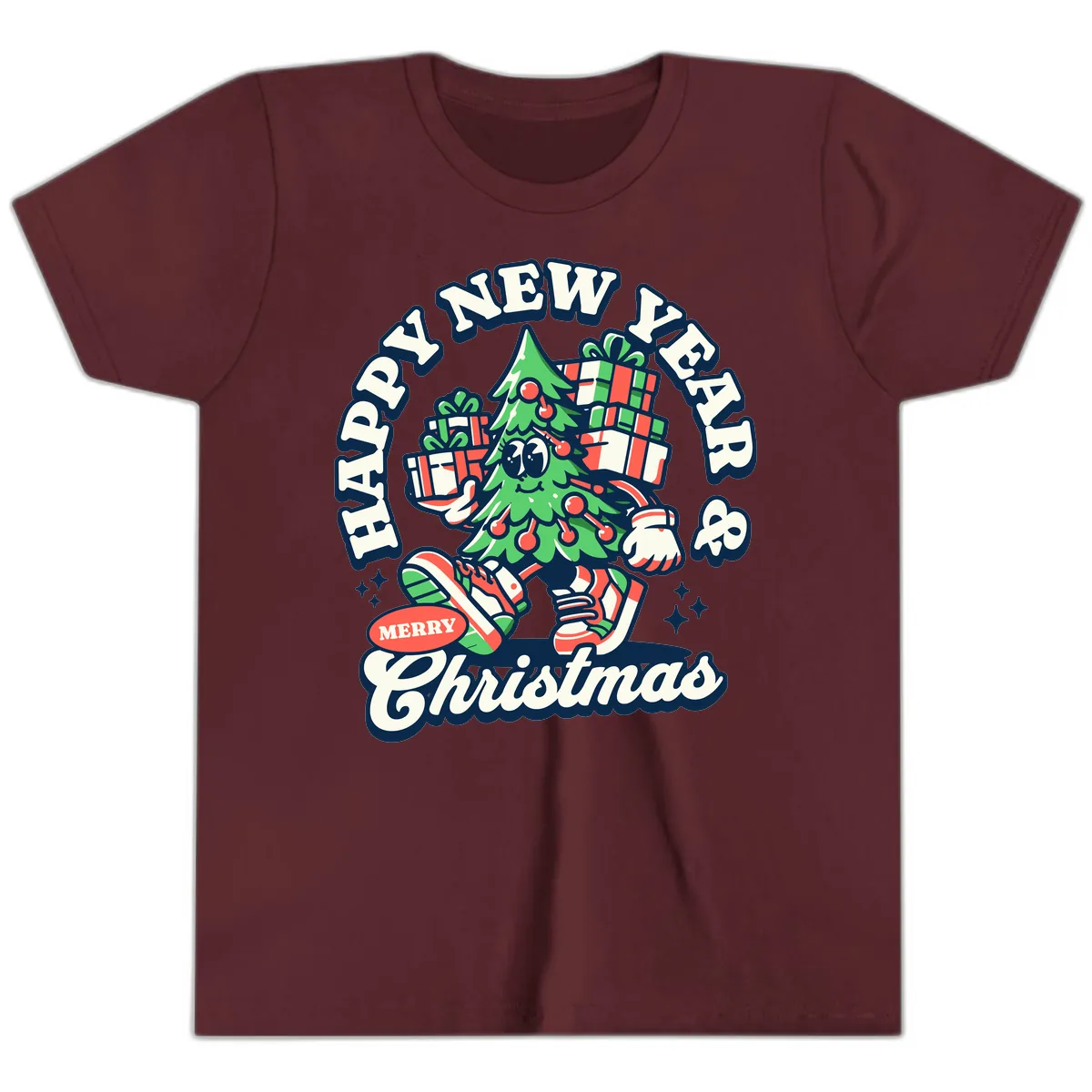 Happy New Year & Merry Christmas Tree Youth T-Shirt in Maroon