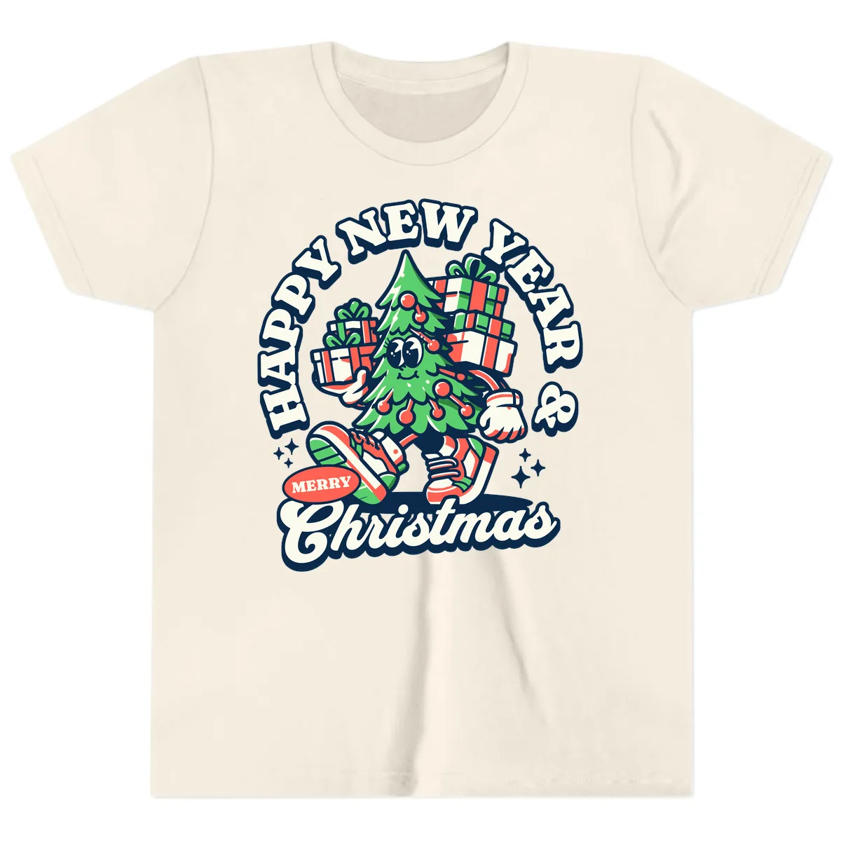 Happy New Year & Merry Christmas Tree Youth T-Shirt in Natural
