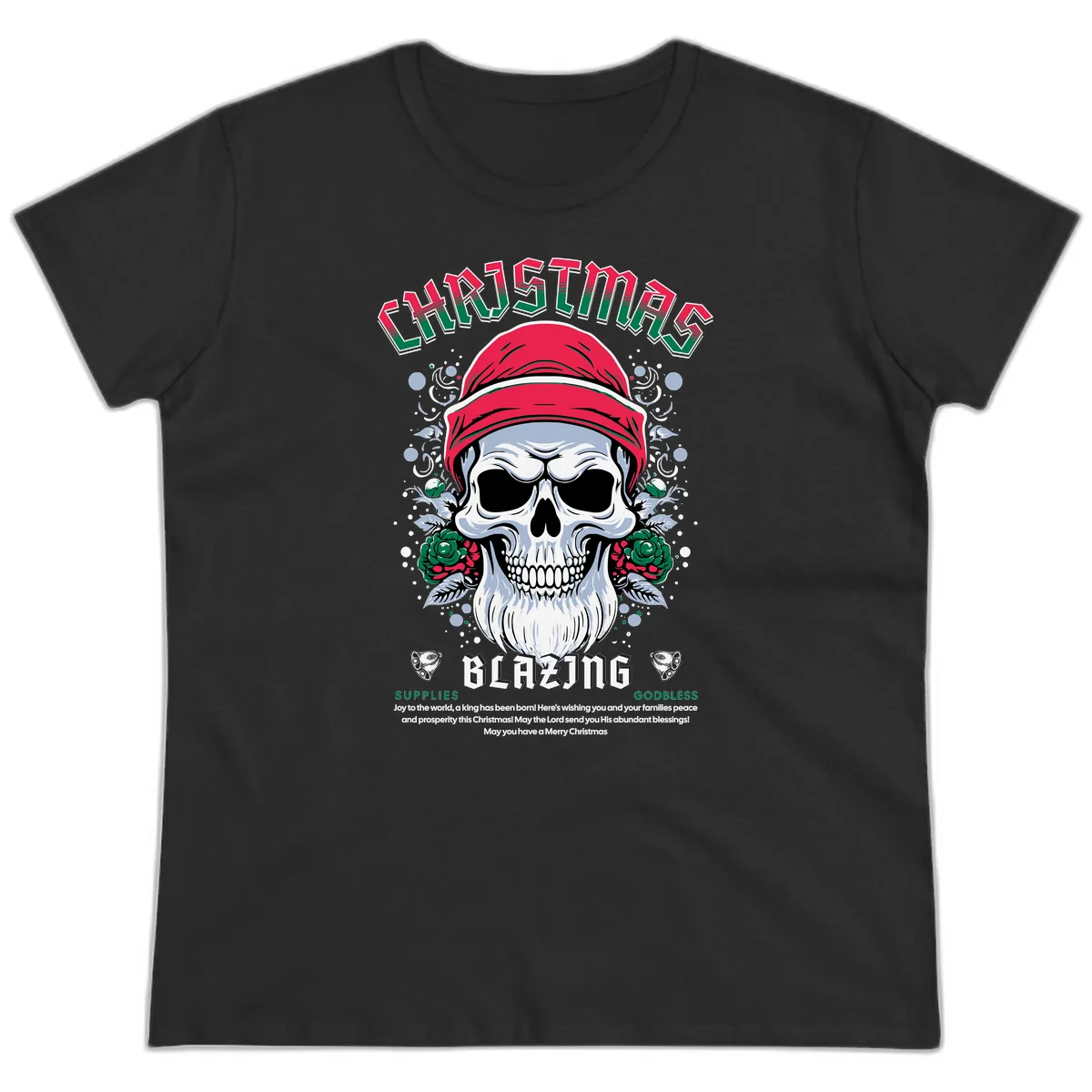 Blazing Skull Christmas Apparel Ladies Tee in Black