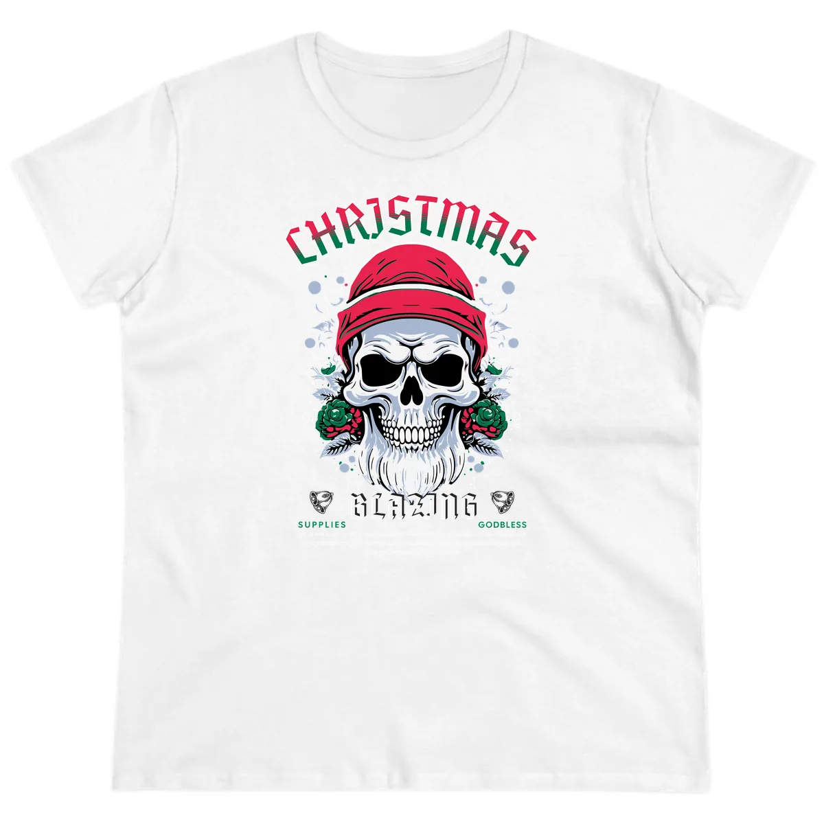 Blazing Skull Christmas Apparel Ladies Tee in White
