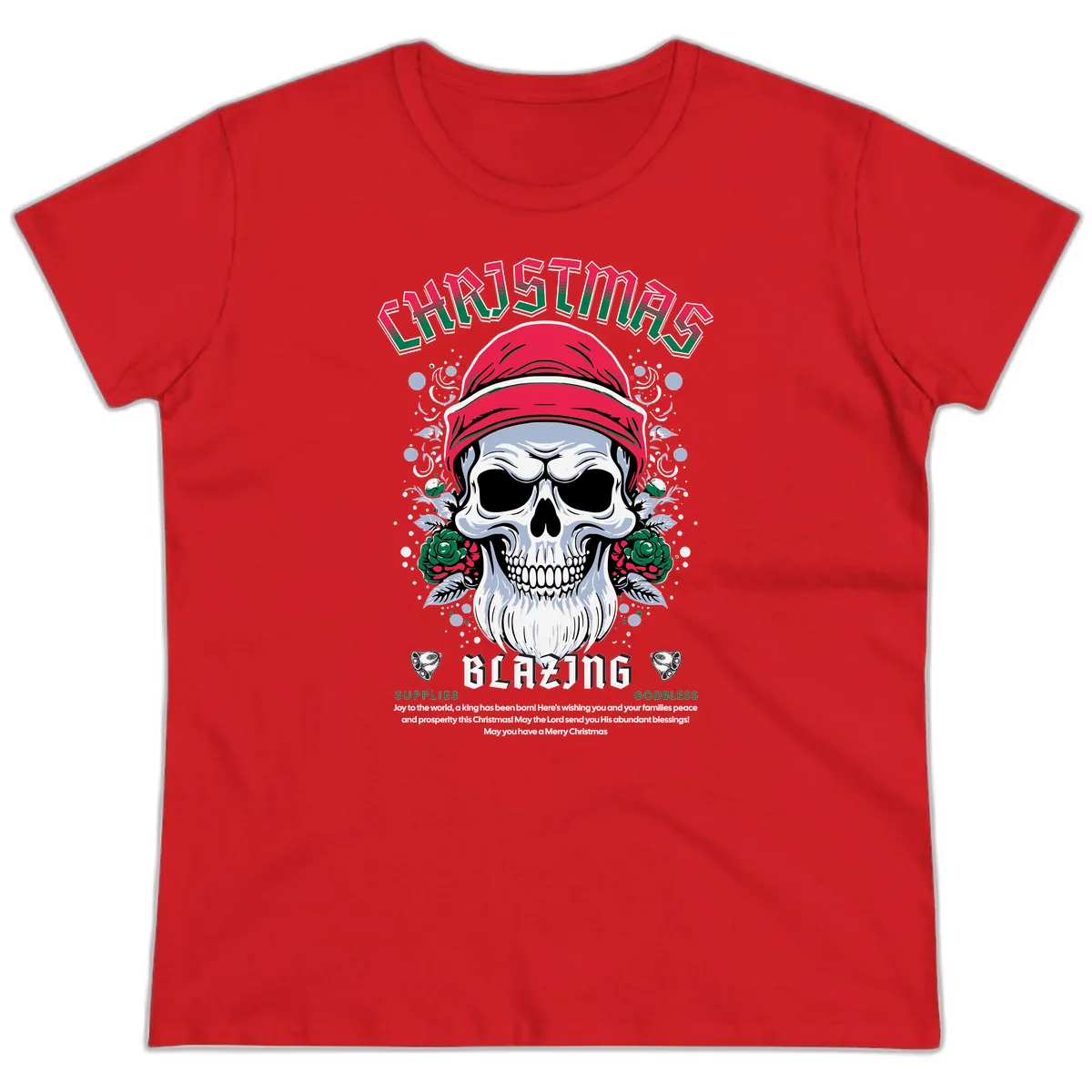Blazing Skull Christmas Apparel Ladies Tee in Red