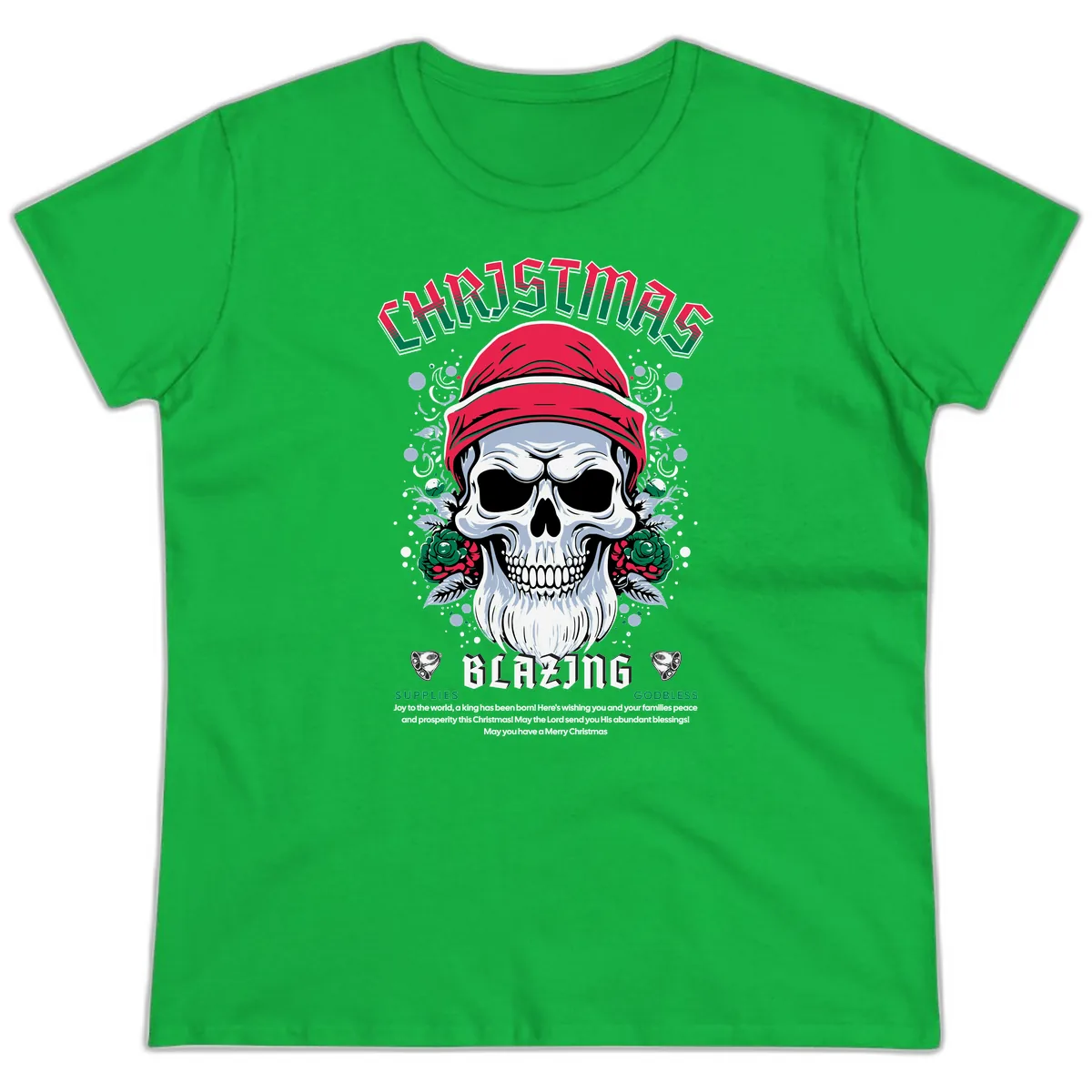 Blazing Skull Christmas Apparel Ladies Tee in Irish Green