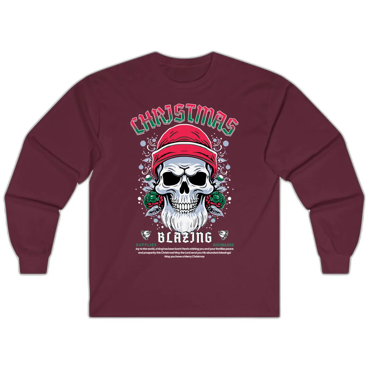 Blazing Skull Christmas Apparel Long Sleeve in Maroon
