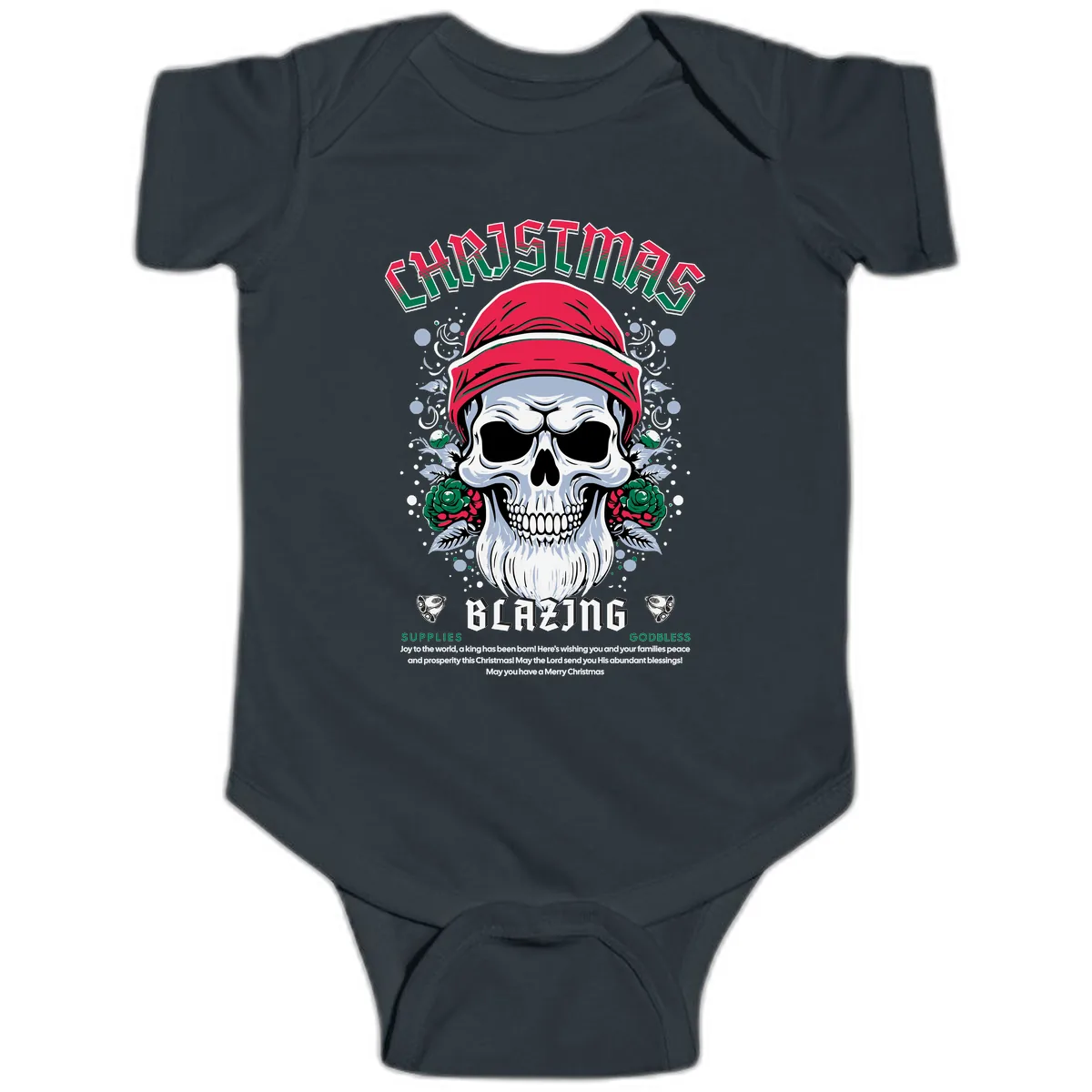 Blazing Skull Christmas Apparel Baby Onesie in Black