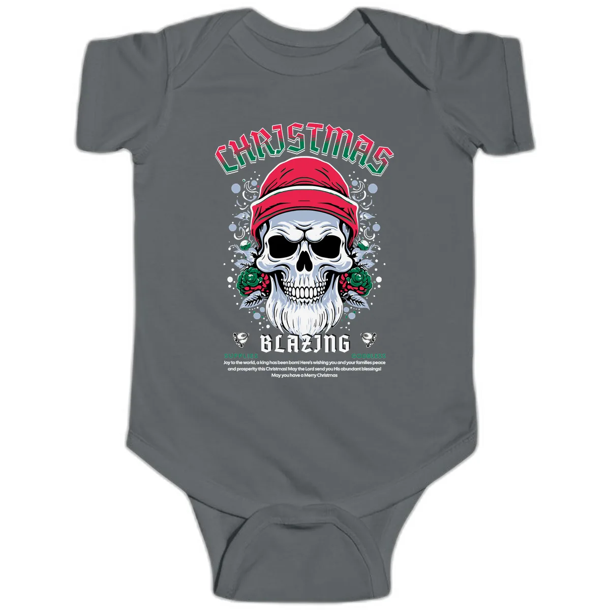 Blazing Skull Christmas Apparel Baby Onesie in Charcoal