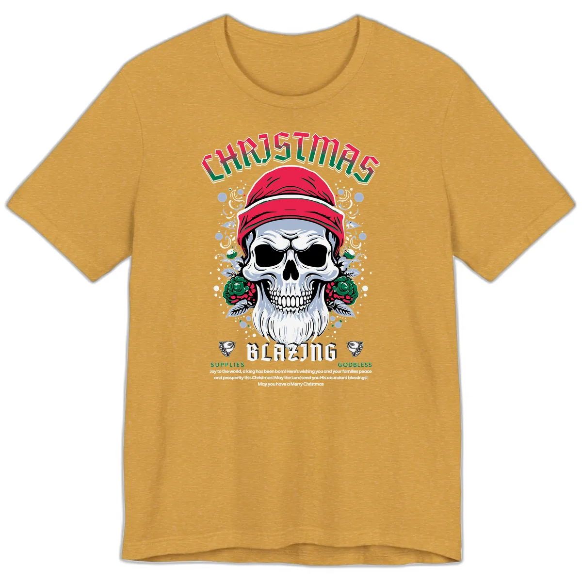 Blazing Skull Christmas Apparel Premium T-Shirt in Heather Mustard