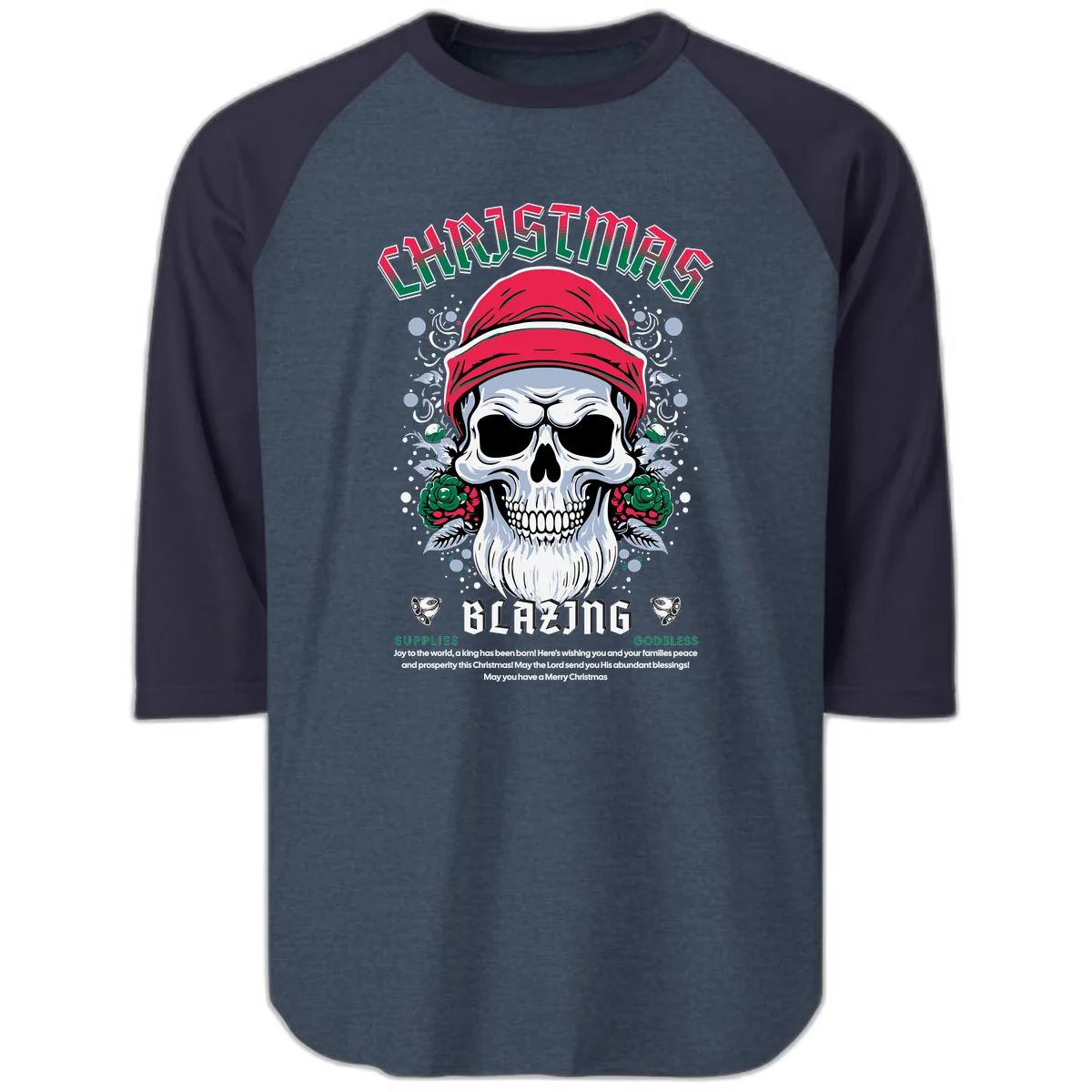 Blazing Skull Christmas Apparel Raglan 3/4 in Heather Denim Navy
