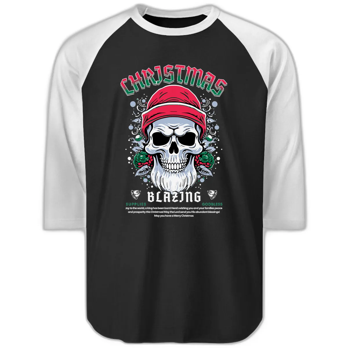 Blazing Skull Christmas Apparel Raglan 3/4 in Black White